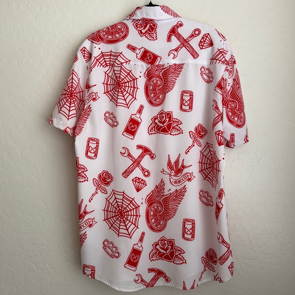 Dixxon Men's PartyBoy Short Sleeve‎ Button Down Shirt Red White Large - Picture 2 of 10